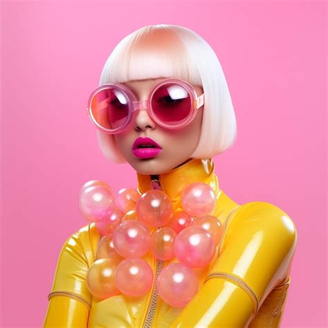 Premium AI Image | a woman wearing a yellow outfit with pink glasses ...