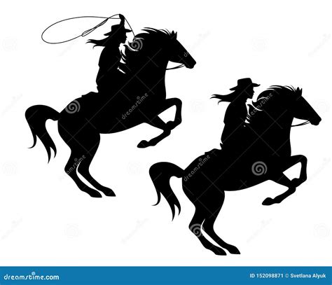 Cowgirl and Rearing Up Horse Black Vector Silhouette Stock Vector ...