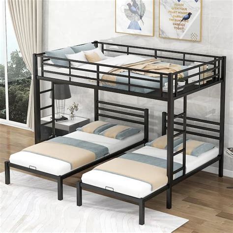 Harper & Bright Designs Black Full over Twin and Twin Size Metal Triple Bunk Bed with Built-in ...