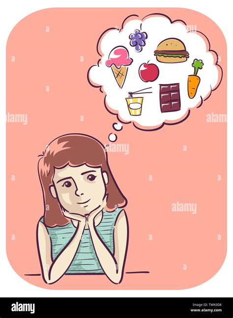 Illustration of a Girl Smiling and Thinking about Food from Ice Cream to Carrot to Burger Stock ...