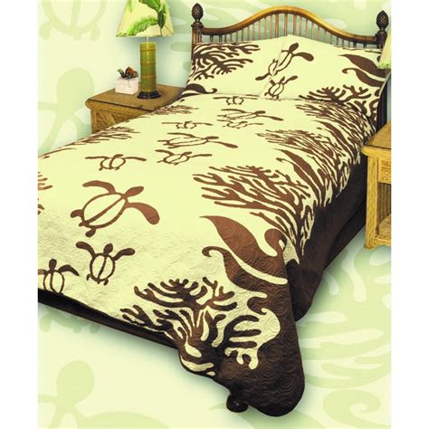 King Hawaiian Quilt bedding Comforter with two pillow shams (Honu Sea Turtle) (Koa Brown Color ...