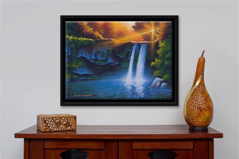 Waterfall Sunset Painting, Autumn Landscape, Realism