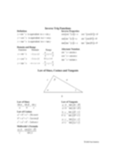 SOLUTION: Trigonometry cheat sheet of formulas - Studypool