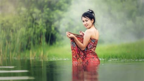 Asian Girl Wallpaper 4K, Teen, Lake, Pond, Bath time