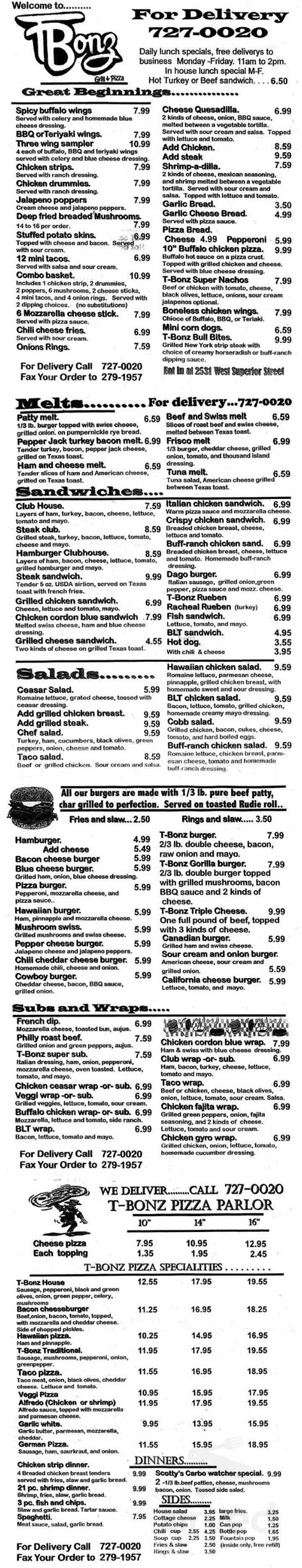 T-Bonz Bar & Grill menu in Duluth, Minnesota, USA