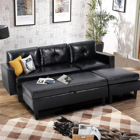 Small Black Faux Leather Sectional Sofa with Storage Ottoman and Chais ...