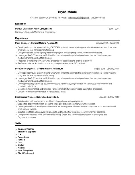 Plant Engineer Resume Examples and Tips - Zippia