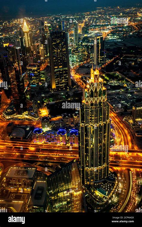 A night view of Dubai from the observation deck of the Burj Khalifa ...