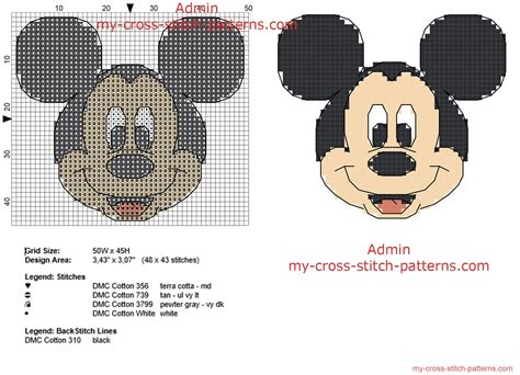 Mickey Mouse with backstitch use small size 48 x 43 only 5 DMC threads ...