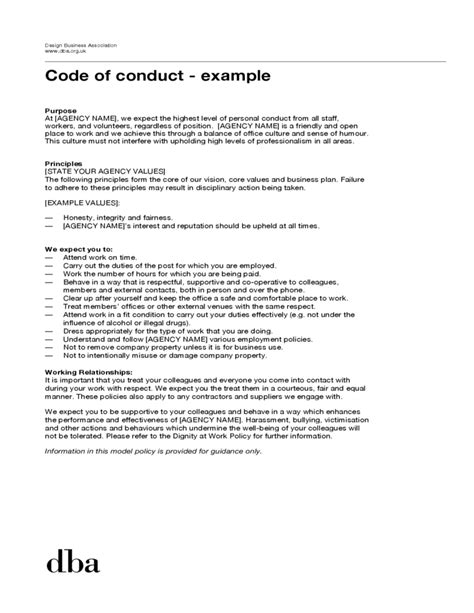 Small Business Code Of Conduct Template