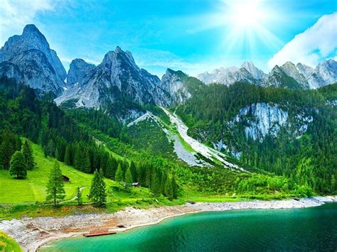 Bright sun over the mountain, glow, riverbank, shore, sun, slopes ...