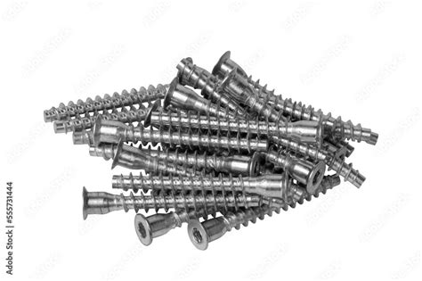 Confirmat screws isolated on white background. Screws confirm close-up ...