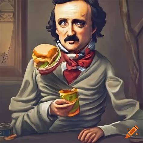 Edgar allan poe savoring a cheeseburger on Craiyon