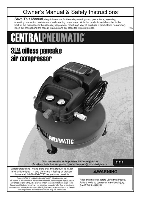 Central Pneumatic 61615 3 gallon 1/3 HP 100 PSI Oil-Free Pancake Air Compressor Owner's Manual ...