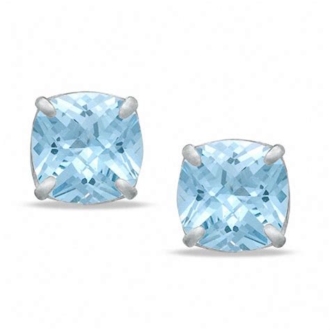 8.0mm Cushion-Cut Simulated Aquamarine Stud Earrings in Sterling Silver ...