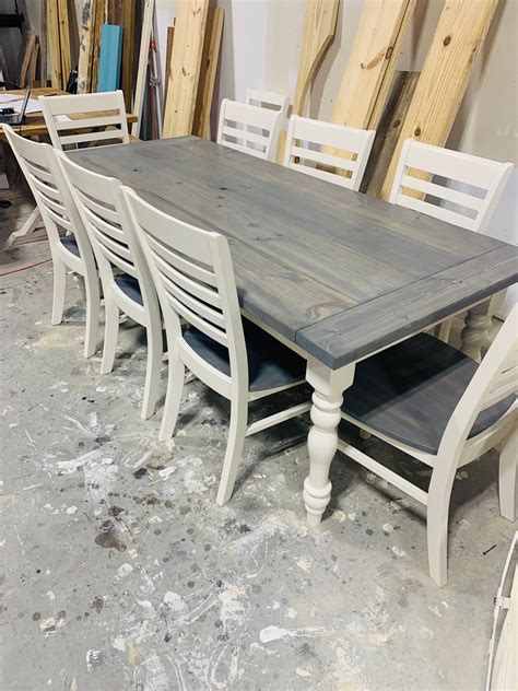 7ft Rustic Farmhouse Table with Turned Legs, Chair Set Classic Gray Top ...