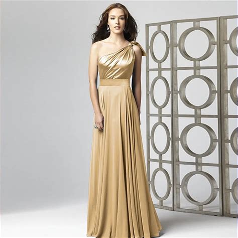 Elegant Gold One Shoulder Chiffon Maid of Honor Dresses Long Party Dresses Floor Length A Line ...