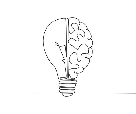 Single continuous line drawing of half light bulb and half human brain ...