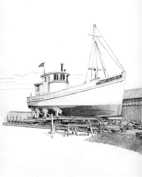 Chesapeake Buy Boat, Dry dock, pencil drawing of commercial fishing ...