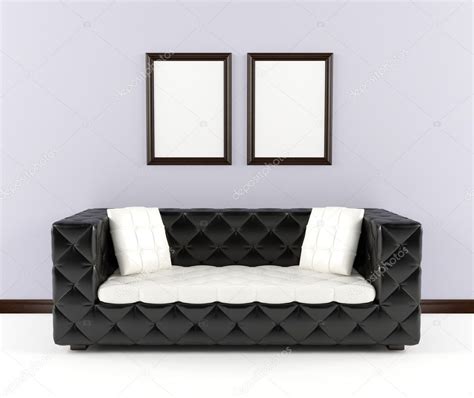 Black leather sofa with pillows in the interior — Stock Photo © NaPev ...