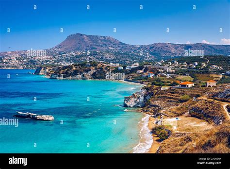 Greek holidays, beautiful Kalyves village with turquoise sea in Crete island, Greece. View of ...