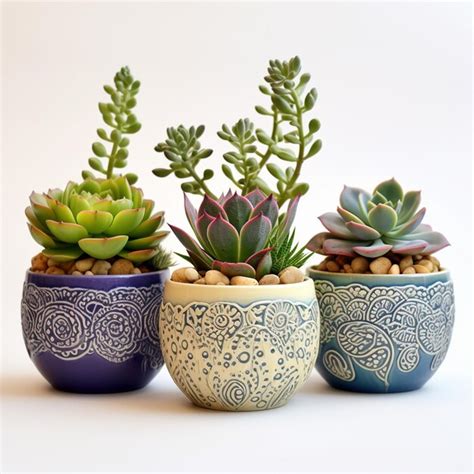 Premium AI Image | 3 ceramic pots decorated with succulents on a white ...