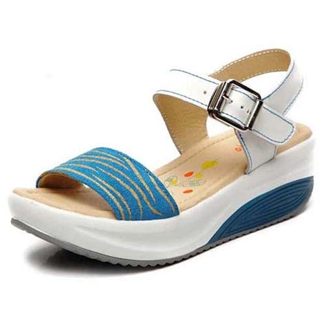 Blue pattern design buckle leather rocker bottom sandal | Womens shoes ...