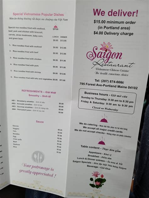 Menu at Saigon Restaurant, Portland