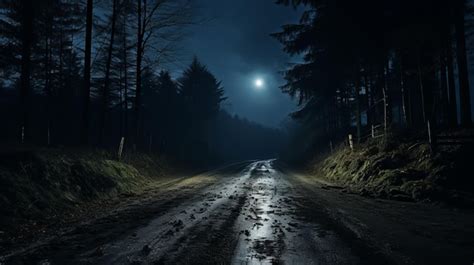 Premium AI Image | a dark road in the middle of a forest at night