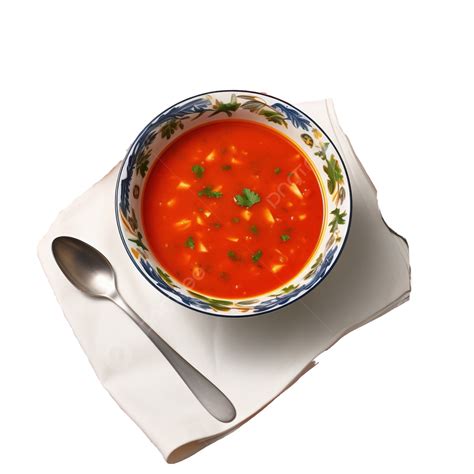 Mexican Tomato Soup Served Dish On Tablecloth With Spoon, Soup, Mexican, Food PNG Transparent ...