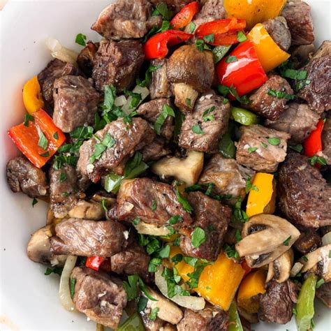 Air Fryer Steak Tips with Peppers, Onions & Mushrooms - easy keto dinner