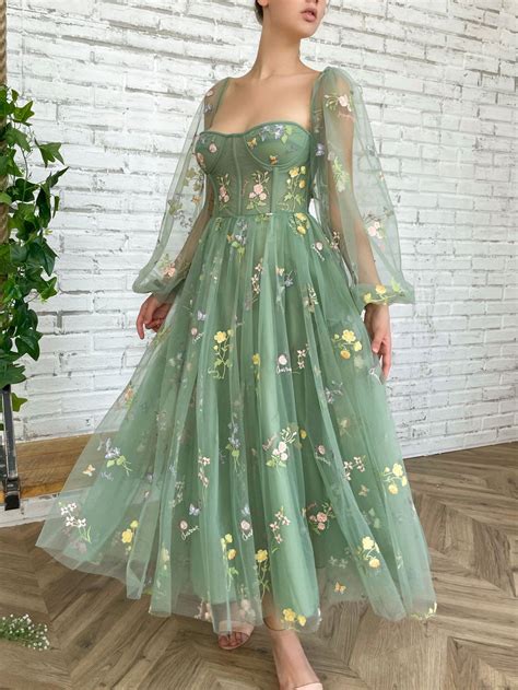 Green tulle lace tea length prom dress, green evening dress – dresstby