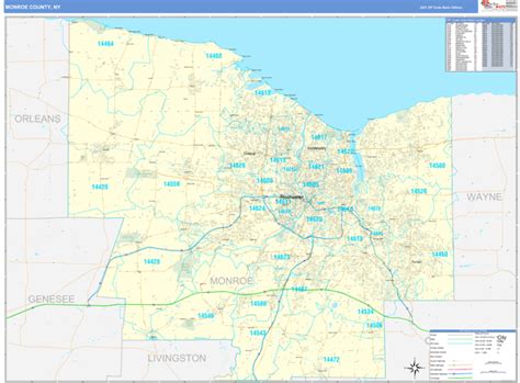 Monroe County, NY Zip Code Wall Map Basic Style by MarketMAPS