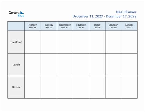 Weekly Calendar with Monday Start for Week 50 (December 11, 2023 to December 17, 2023) in PDF ...