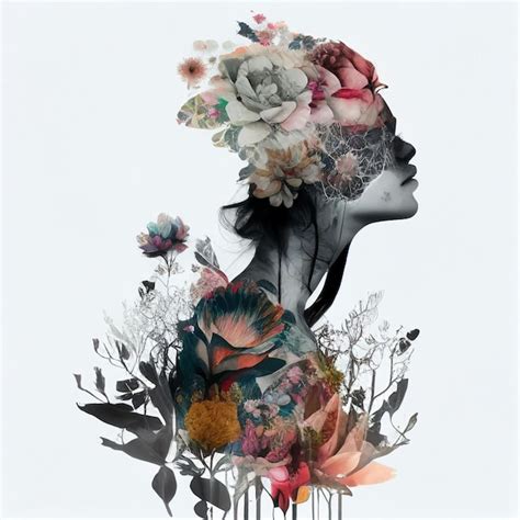 Premium Photo | Double exposure profile portrait of attractive woman Flowers Digital art ...