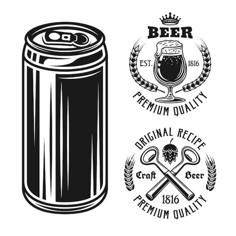 Premium Vector | Beer can and two emblems badges labels or logos set of ...