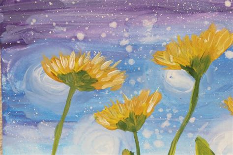 Yellow Flower Painting Dandelion Field at Night with Splatters | Etsy