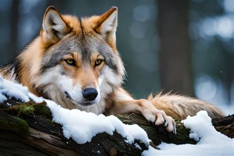 Premium Photo | A wolf laying on a log in the snow