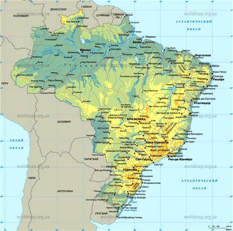 Физическая карта Бразилии / Physical Map of Brazil / Фізична мапа Бразілії