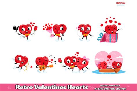 Retro Valentines Hearts Flat Digital Clip Art By HitToon | TheHungryJPEG