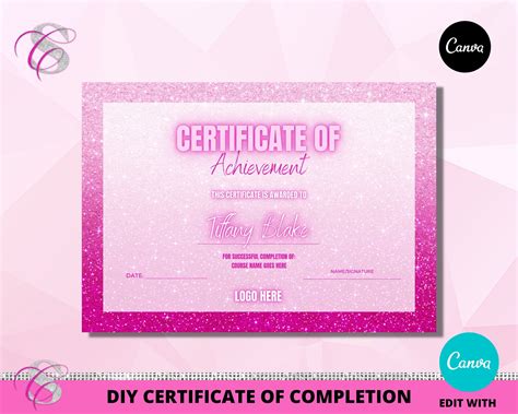 "DIY CERTIFICATE, Certificate Template, Pink Ombre Glitter Certificate, Certificate of ...