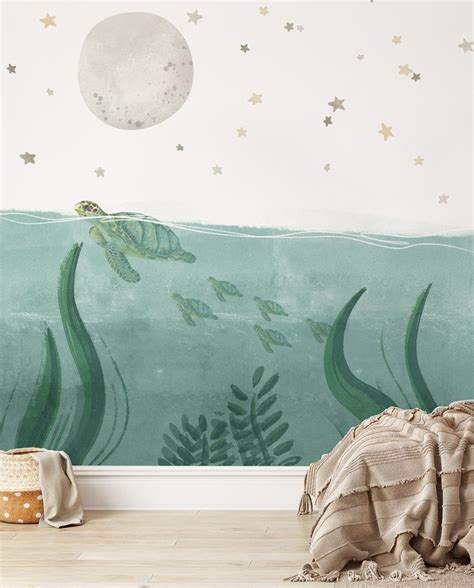 Sea Turtles in the Moonlight | Ocean Themed Nursery Wallpaper Mural – Olive et Oriel Ocean ...