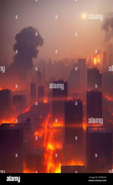 City on fire, explosion, war, apocalypse, smoke, destruction, digital art, background, wide ...