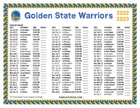 Printable Warriors Schedule