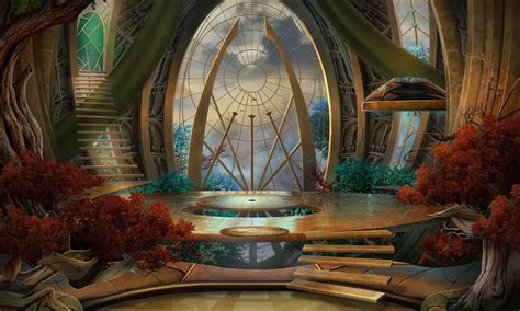 an artistic rendering of a fantasy setting with trees and stairs leading up to the entrance