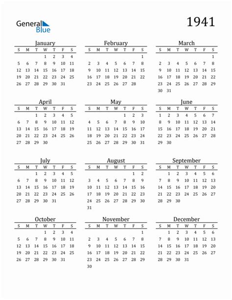 Free 1941 Calendars in PDF, Word, Excel