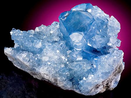 Gemmy and extremely flashy blue cluster of Celestite crystals on matrix ...
