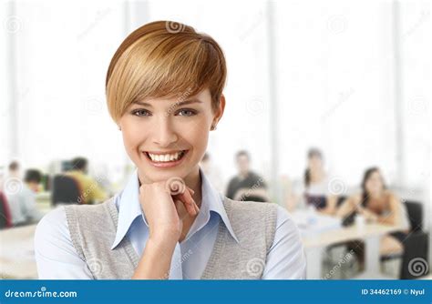 Happy Young Woman At Office Stock Image - Image of cheerful, class ...