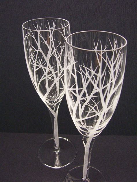 Two Champagne Flutes . Hand Engraved . 'Reaching