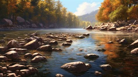 Premium AI Image | A painting of a river with rocks and trees in the ...